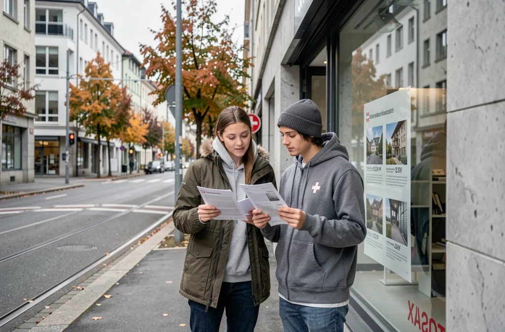 Couple regardant des annonces immobilières dans une agence à Zurich, illustrant les prix des loyers et le salaire minimum nécessaire pour vivre en Suisse