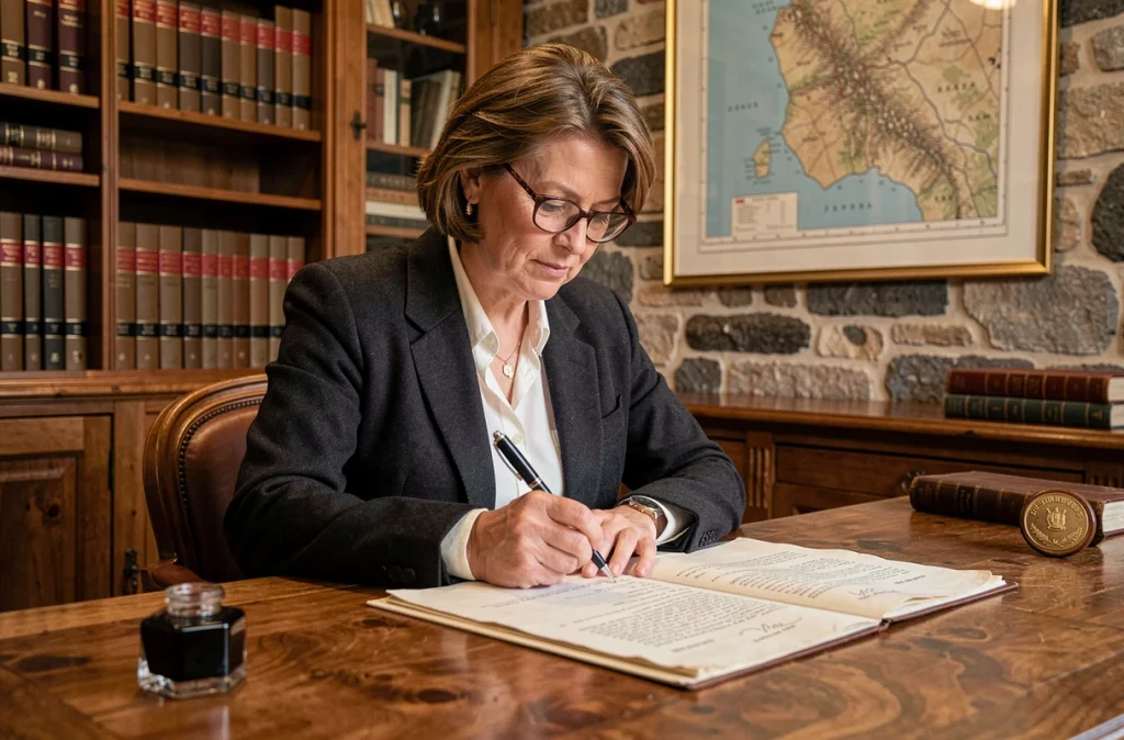 Notaire andorrane signant un acte de donation familiale de yacht dans un bureau notarial traditionnel aux murs en pierre à Andorre