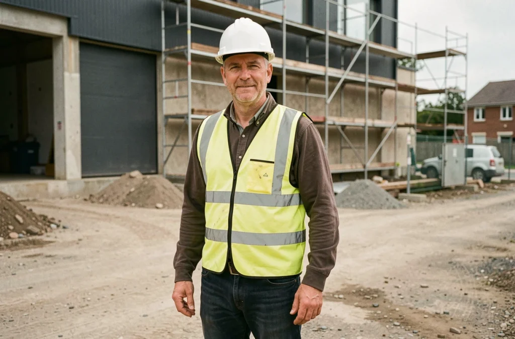 Ouvrier sur un chantier de rénovation financé par le FRCI en zone industrielle francilienne