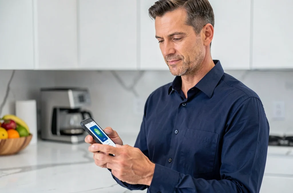Homme effectuant un paiement sécurisé en ligne via l'application bancaire LCL sur smartphone dans une cuisine moderne