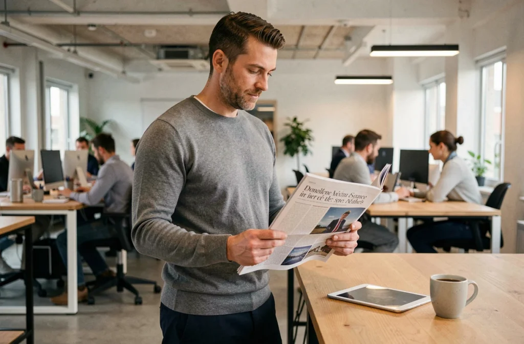 Professionnel de l'assurance consultant un magazine sectoriel en espace de coworking pour affiner sa stratégie