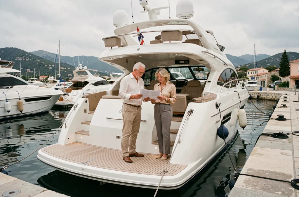 Couple de propriétaires de yacht examinant des documents de donation familiale sur le pont arrière d'un yacht de luxe dans un port méditerranéen