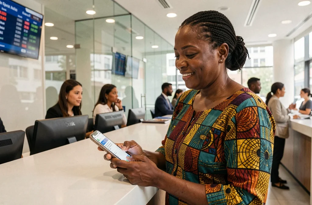 Femme africaine recevant une confirmation de transfert de fonds via blockchain dans une agence bancaire moderne