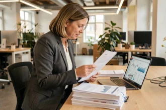Femme responsable de projet consultant des dossiers de financement FRCI en Île-de-France dans un bureau administratif moderne