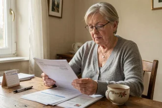 Retraitée consultant ses relevés de pension et documents fiscaux à la maison, exonération CSG retraite 2026