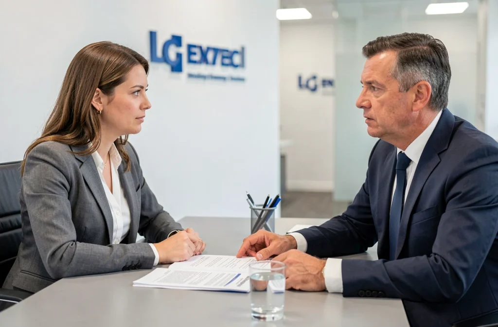 Réunion entre un conseiller bancaire LCL et un client professionnel pour discuter d'une ligne de crédit flexible en cas d'imprévu