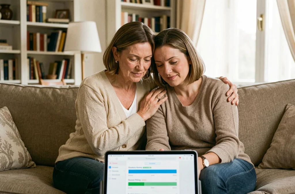 Deux femmes regardant ensemble une cagnotte solidaire sur une tablette dans un salon chaleureux