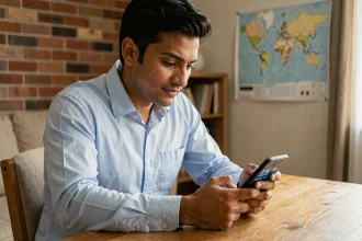 Homme utilisant une application blockchain sur smartphone pour effectuer un transfert d'argent international depuis son appartement