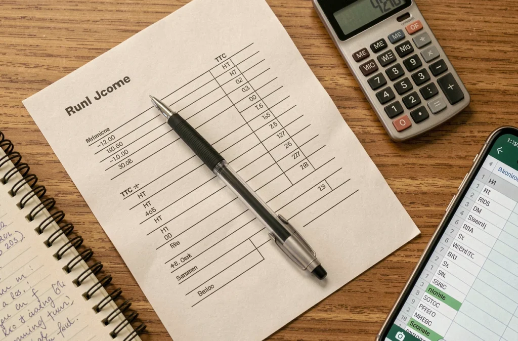 Vue aérienne d'un bureau avec une facture affichant les montants HT et TTC, une calculatrice et des notes comptables manuscrites