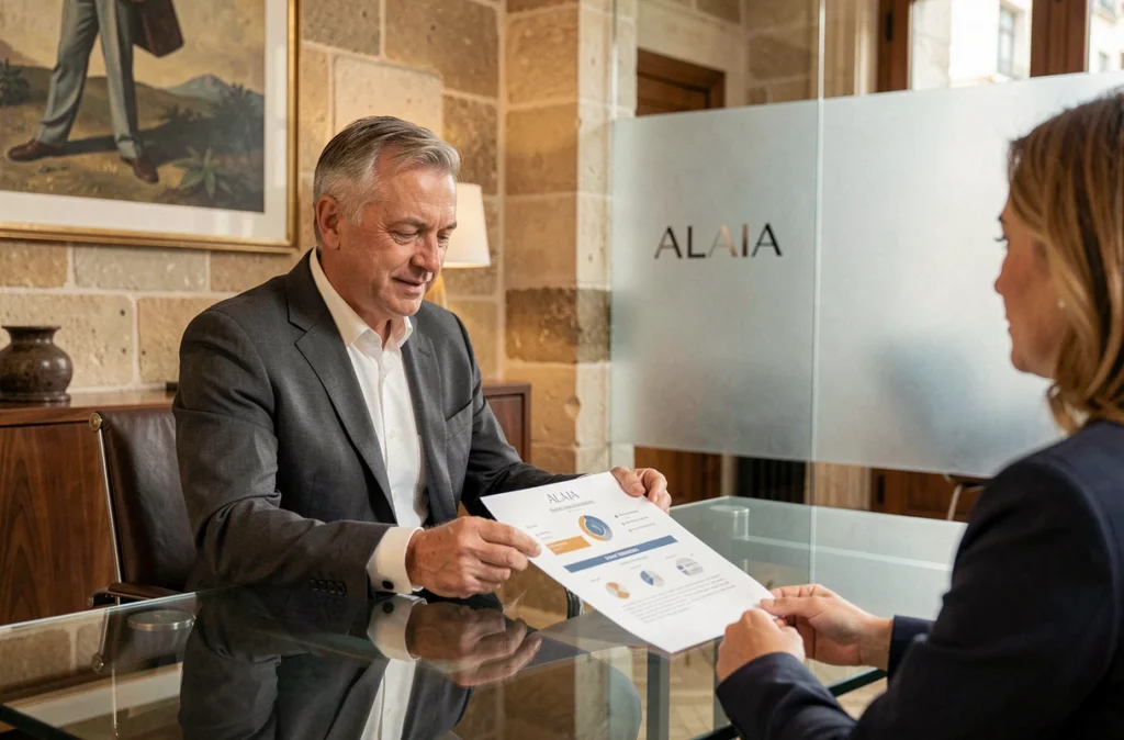 Consultant ALAIA Patrimoine présentant une stratégie de gestion de patrimoine à des clients dans un bureau élégant de Bordeaux