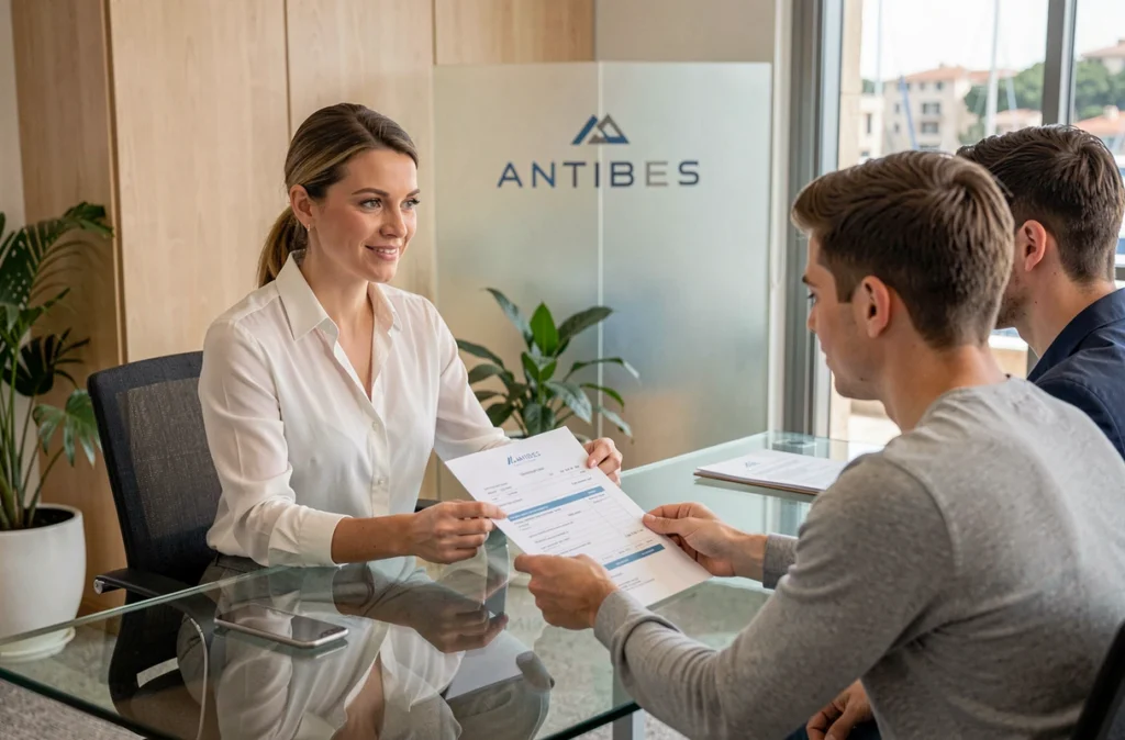 Conseillère CAFPI Antibes présentant une offre de prêt immobilier à un couple de clients