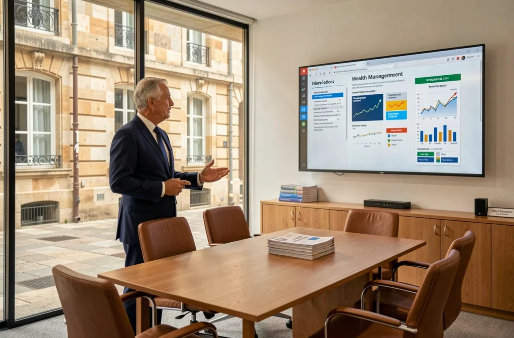 Conseiller de CGP Conseils présentant des stratégies d'investissement dans une salle de réunion professionnelle à Bordeaux