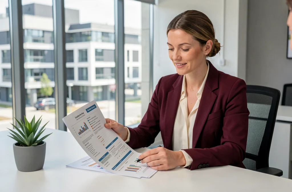 Conseillère patrimoniale d'Honoré Gestion Privée à Mérignac analysant un dossier de gestion de patrimoine avec un client