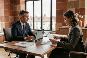 Conseiller en placement discutant d'une stratégie d'investissement avec une cliente dans un bureau moderne de Nouvelle-Aquitaine