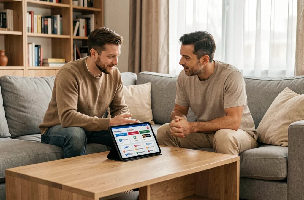 Couple comparant des plateformes de cashback sur une tablette dans leur salon