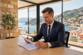 Courtier en crédit immobilier dans les Alpes-Maritimes consultant des documents hypothécaires avec vue sur la Côte d'Azur