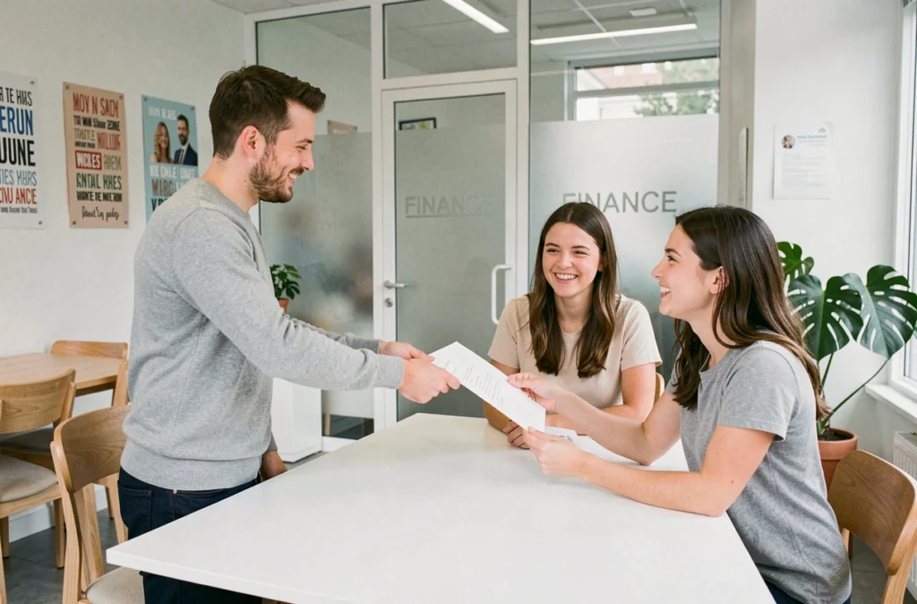 Conseiller Easy-Finance remettant des documents de prêt immobilier signés à un couple satisfait