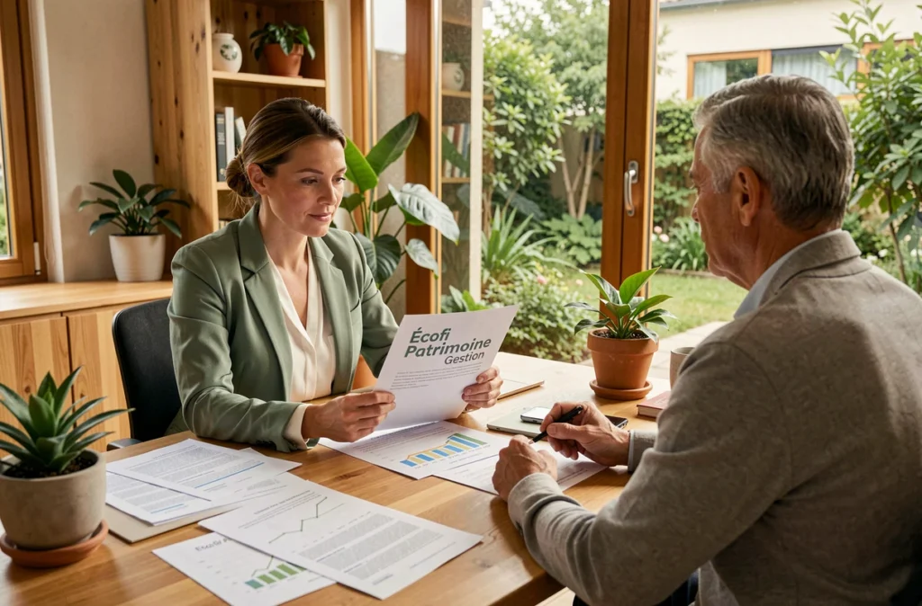 Conseillère d'Ecofi Patrimoine Gestion discutant d'un dossier d'investissement responsable dans un bureau aux accents naturels