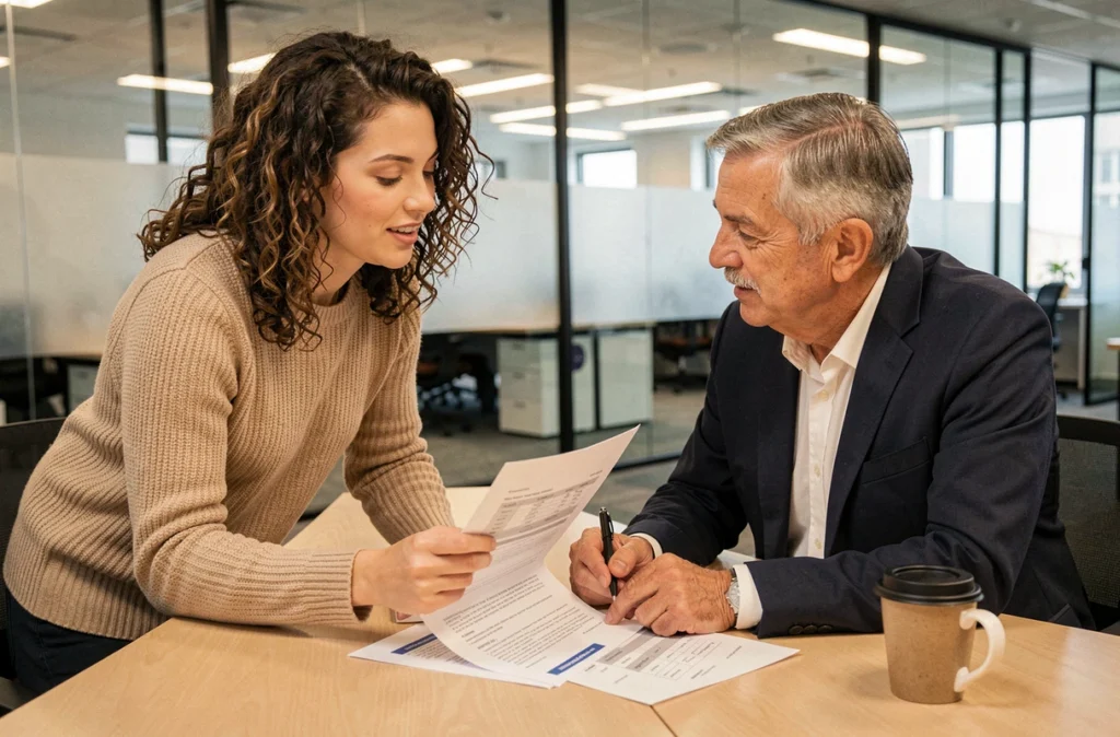 Entretien RH entre un employé et un responsable pour comparer salaire net et brut lors d'un nouveau contrat de travail