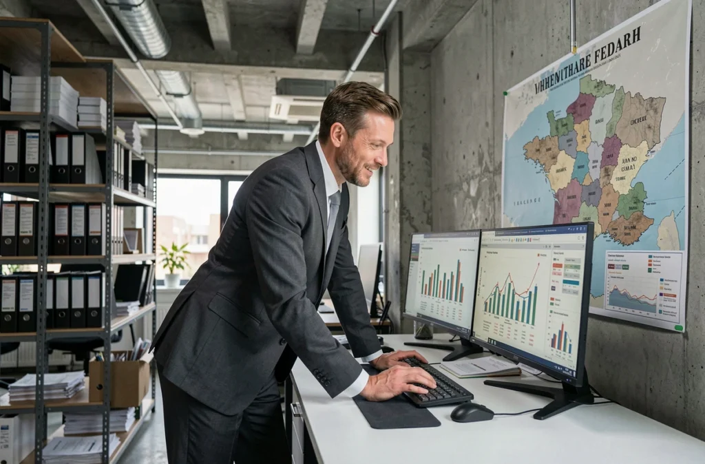 Conseiller Fap-invest expliquant des stratégies d'investissement immobilier et financier dans un bureau au style industriel moderne