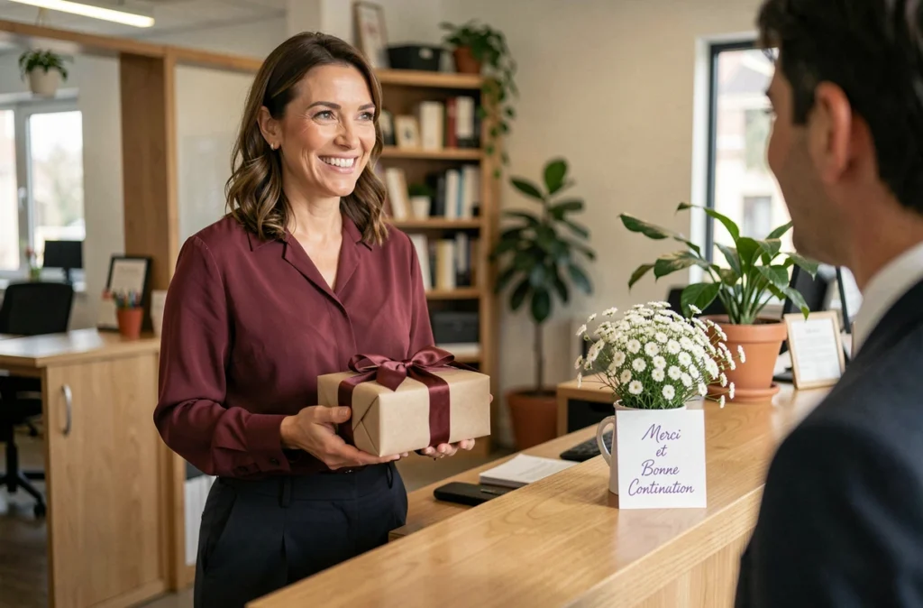 Femme souriante recevant un cadeau lors de son pot de départ au bureau