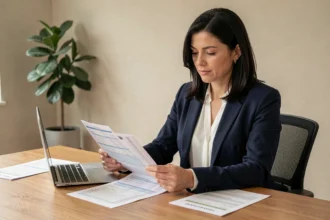 Femme cadre analysant ses fiches de paie pour calculer son salaire net en brut lors d'un changement de contrat