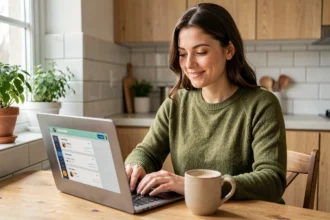 Femme comparant des sites de cashback sur son ordinateur portable dans une cuisine moderne