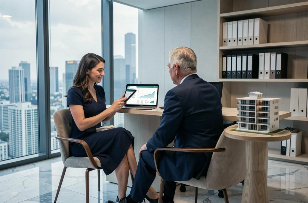 Conseillère Finalfa présentant un bilan patrimonial numérique à un client dans un bureau contemporain et raffiné