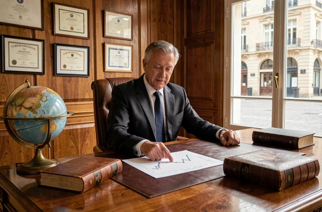 Conseiller Finance Invest examinant des graphiques de performance d'investissement dans un bureau traditionnel et formel
