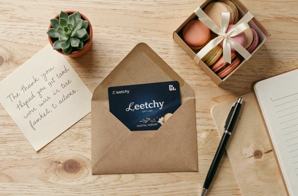 Flat lay d'une carte cadeau Leetchy et accessoires pour organiser un pot de départ réussi
