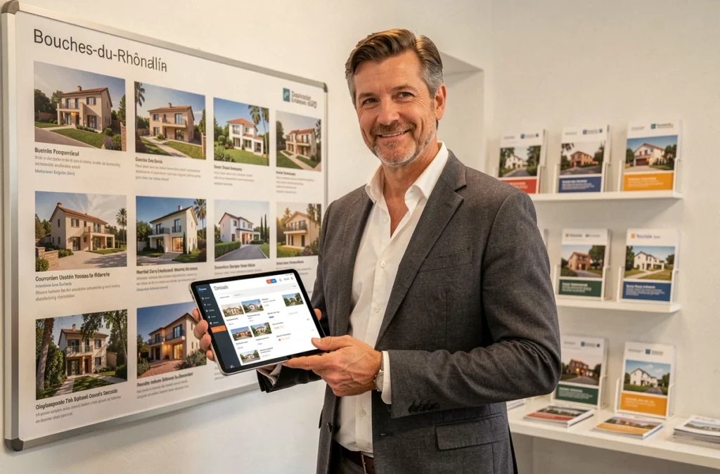 FM Immobilier et Patrimoine avec un conseiller devant des annonces immobilières régionales
