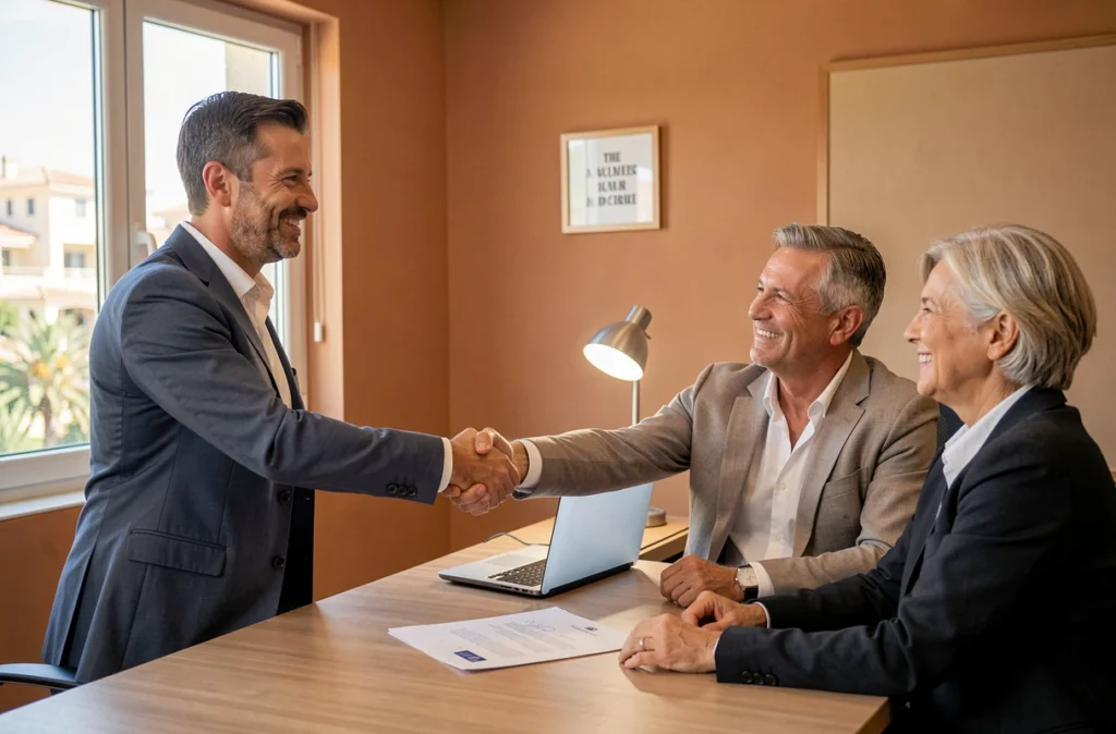 Courtier indépendant Franck Olivier Denis finalisant un accord de prêt immobilier avec ses clients