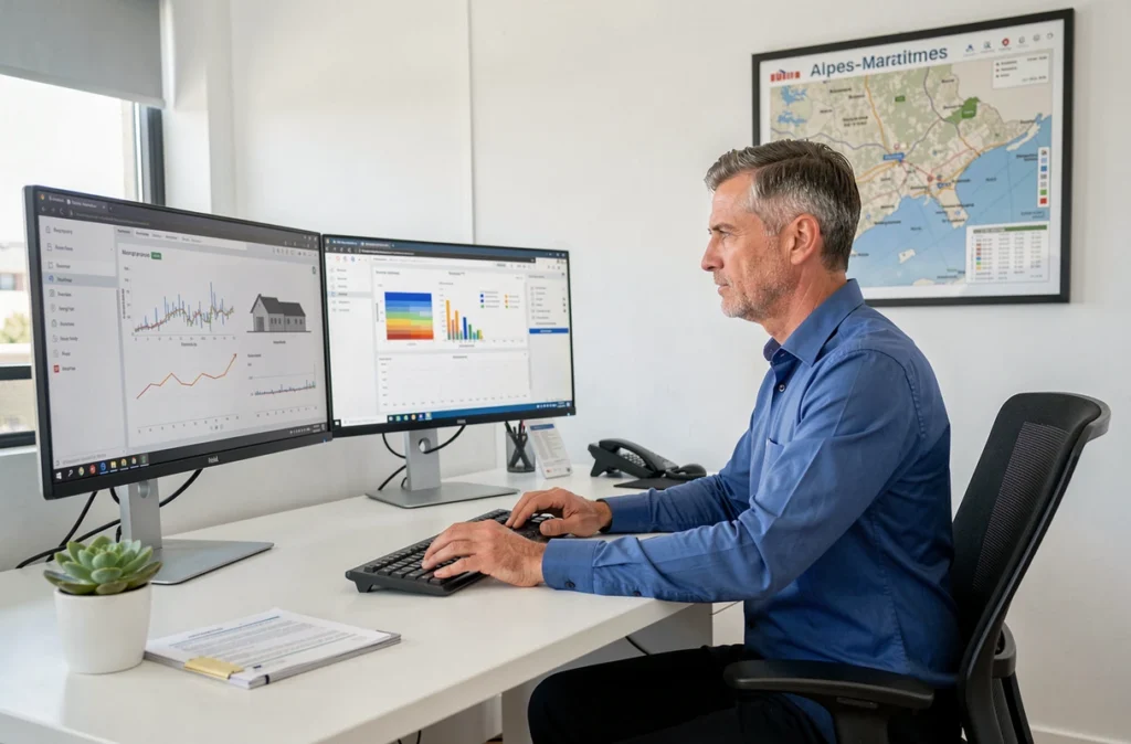 Courtier Hestia Finances Invest analysant des simulations de prêt immobilier sur double écran
