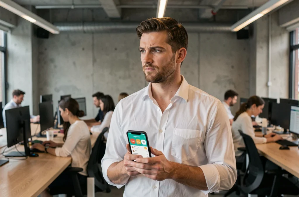 Homme consultant une application de cashback sur smartphone dans un bureau moderne