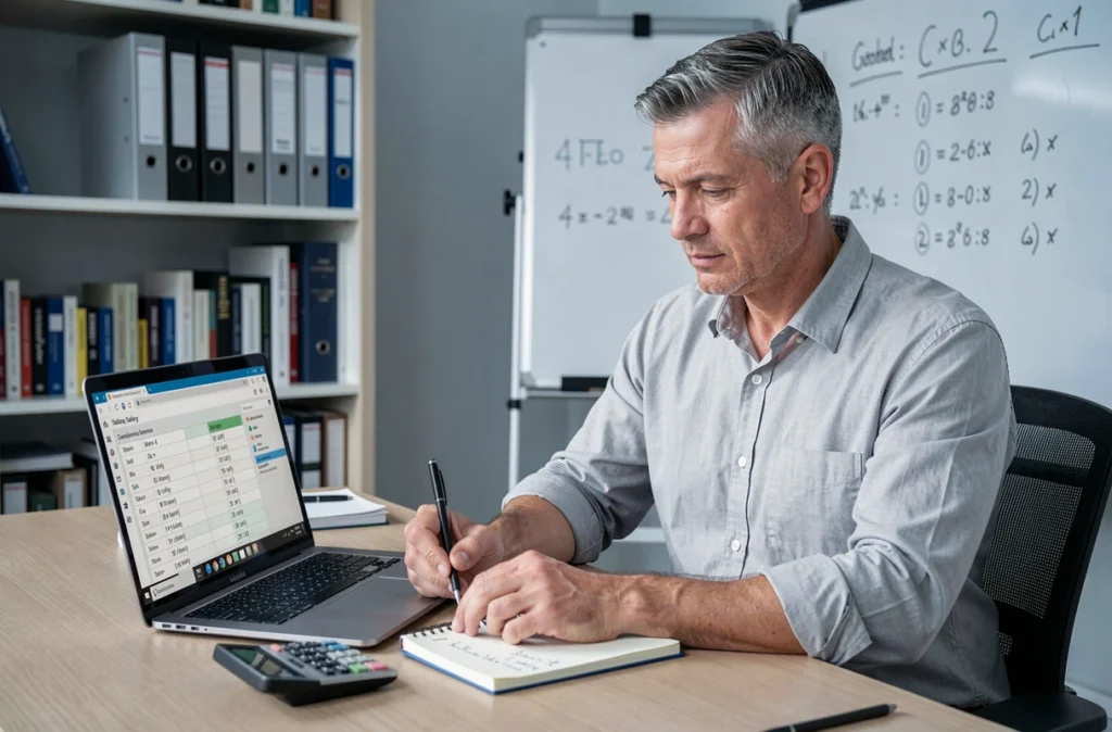 Homme en télétravail calculant la conversion salaire brut net avec calculatrice et ordinateur lors d'un changement de contrat