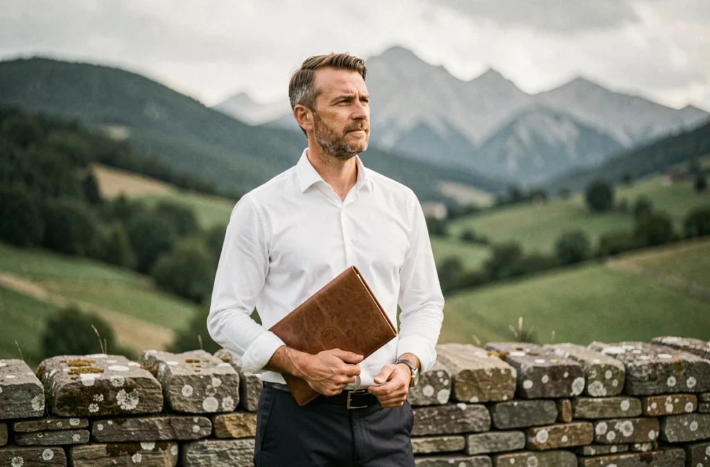 Conseiller du Pic du Patrimoine debout dans un paysage de collines pyrénéennes tenant un dossier de gestion patrimoniale