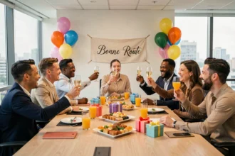 Groupe de collègues réunis pour un pot de départ au bureau avec champagne et décoration festive