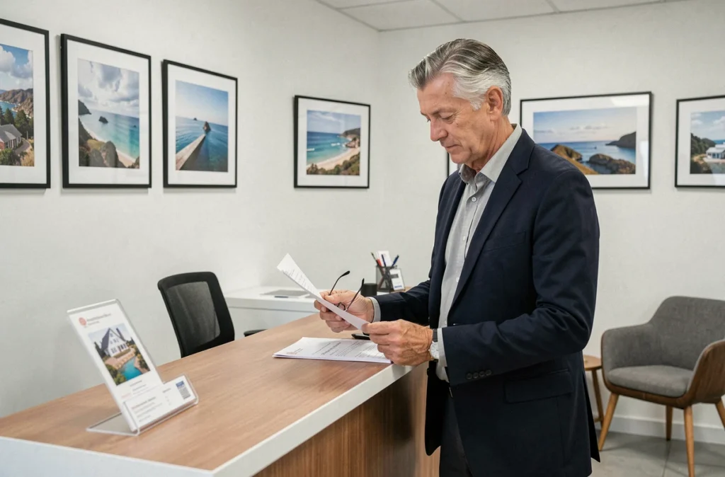 Courtier Michel Verga examinant un document d'évaluation immobilière dans son agence professionnelle