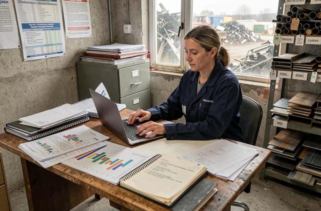 Négociante en ferraille analysant les prix du marché des métaux dans son bureau de récupération