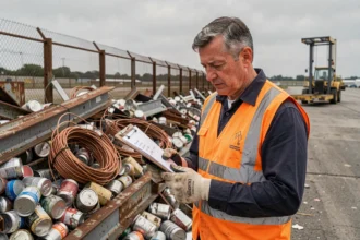 Ouvrier en gilet de sécurité consultant ses prix de ferraille dans un centre de recyclage industriel